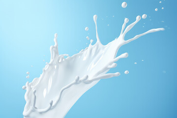 Milk white splash, white liquid or Yogurt splash, Include clipping path, text space. 3d realistic yogurt wave isolated on light blue background. Generative AI 3d render illustration imitation.
