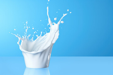 Milk white round splash, white liquid or Yogurt splash, Include clipping path. 3d realistic yogurt wave isolated on flat pastel blue background. Generative AI 3d render illustration imitation.