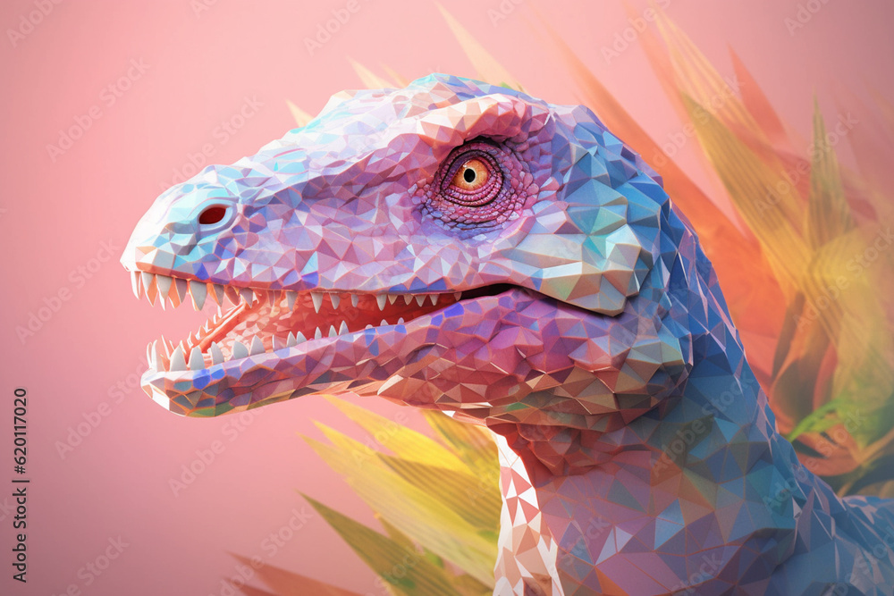 Poster a pastel-colored geometric-style deinonychus artwork with intricate geometric shapes and soft pastel