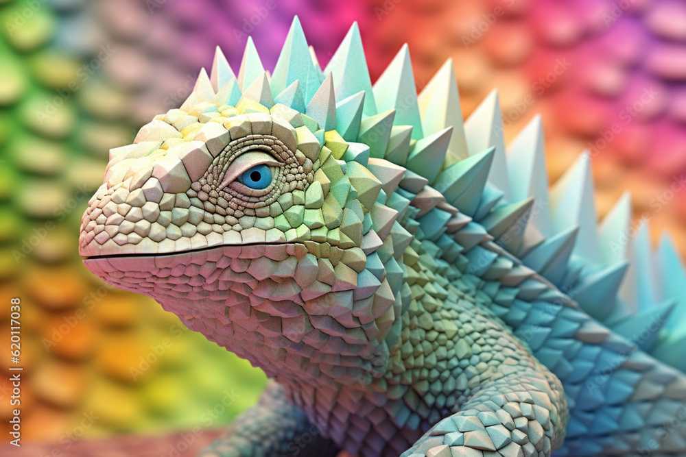 Poster a pastel-colored geometric-style dimetrodon artwork with intricate geometric shapes and soft pastel 