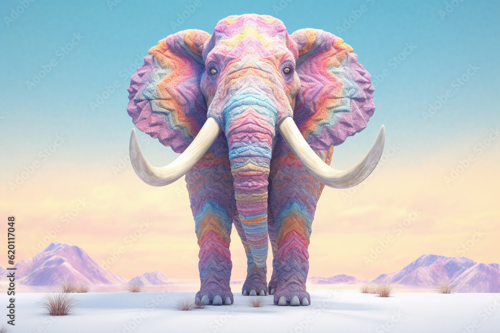 Poster a pastel-colored geometric-style woolly mammoth artwork with intricate geometric shapes and soft pas