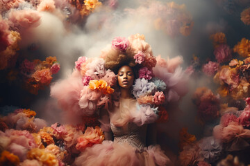 Woman covered with flowers and clouds, positive thinking, creative mind, self care and mental health concept, dreamlike and pure, generative AI