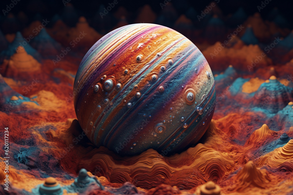 Poster visually striking fusion of geometric patterns and cosmic landscapes, creating a surreal and captiva