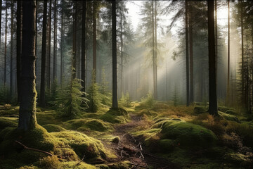 Fototapeta premium Deciduous forest in the soft morning light. Generative AI.