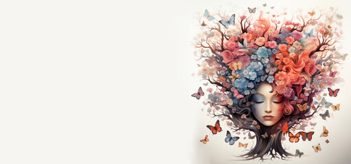 Fototapeta Human mind with flowers and butterflies growing from a tree, positive thinking, creative mind, self care and mental health concept,  generative AI  obraz