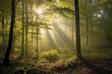 Fototapeta na wymiar Deciduous forest in the soft morning light. Generative AI.