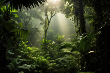 Fototapeta premium Deciduous forest in the soft morning light. Generative AI.