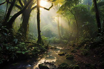 Obraz premium Deciduous forest in the soft morning light. Generative AI.