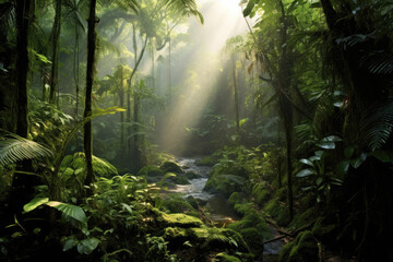Obraz premium Deciduous forest in the soft morning light. Generative AI.