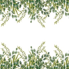 Watercolor greenery template for wedding invitation and greeting card. Floral background. Hand drawn illustration