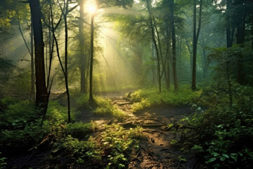 Fototapeta premium Deciduous forest in the soft morning light. Generative AI.