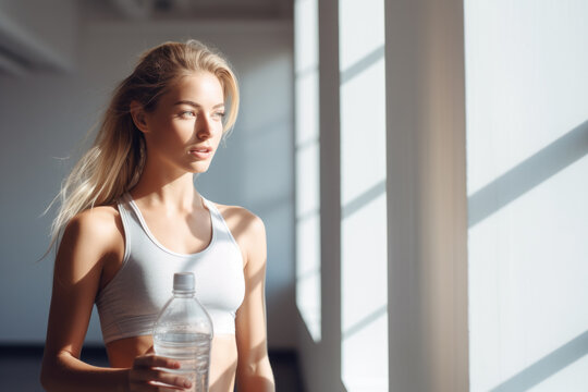 Fit woman drinking water from the bottle in the gym