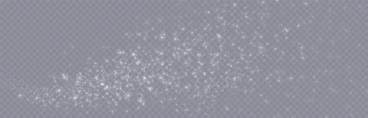 Particles of white magic dust. Shining light particles.Christmas glitter particles. Light effect on a transparent background - obrazy, fototapety, plakaty
