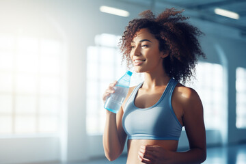 Fit woman drinking water from the bottle in the gym