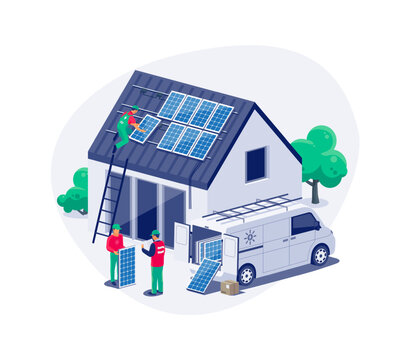 Solar panels installation on family house roof. Construction technician workers connecting the home renewable power energy system to grid. Clean electricity production. Isolated vector illustration.