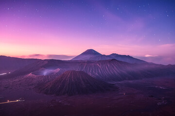 Fototapeta na wymiar Mount Bromo is an active volcano and foggy with starry at East Java, Indonesia