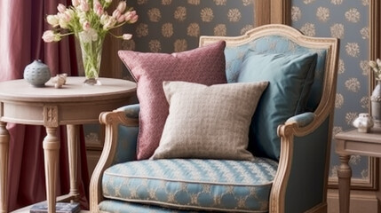 Home decor and interior design, furniture and interior decoration accessories, soft furnishings, upholstery and textiles in English country house and elegant cottage style, generative ai