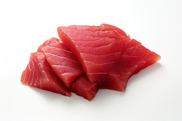 Fresh and succulent cuts of tuna meat, perfectly captured on a clean and white background, emphasizing its freshness and natural appeal. Generative AI.