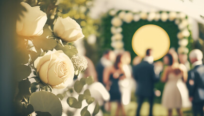 Wedding guests celebrating at a beautiful outdoor venue on a sunny day, luxury wedding decoration idea and decor inspiration with flowers, party event celebration at the garden estate. Generative Ai