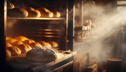 Bakery in the morning, hot fresh bread and pastry baking in the old town bakery, freshly baked products on shelves and the oven, small local business and food production. Generative Ai