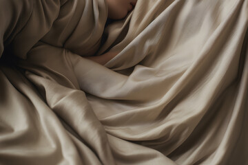 Fototapeta premium Close up of light beige veil cover on woman with natural soft day light, concept of comfort and coziness, confident on own body, love yourself 