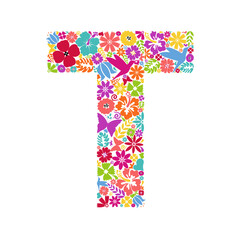Flower alphabet. Flower symbols forming letter T. Floral ornament in the form of a letter.