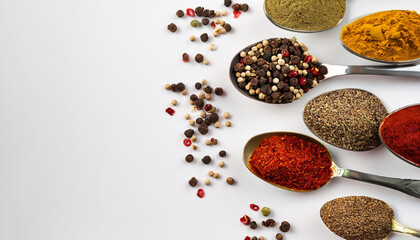 Spices in spoons and scattered on a white background with space for text