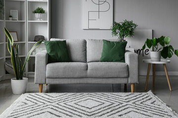Interior of light living room with cozy grey sofa and houseplants