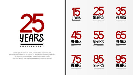 set of anniversary logo flat red color number and black on white background for celebration