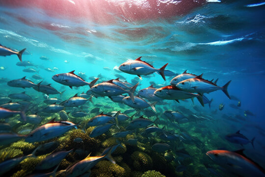 Group of tuna swimming gracefully in the crystal-clear sea, surrounded by vibrant coral reefs, illuminated by the bright afternoon sun. Generative AI.
