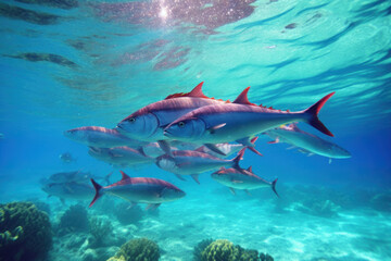 Fototapeta na wymiar Group of tuna swimming gracefully in the crystal-clear sea, surrounded by vibrant coral reefs, illuminated by the bright afternoon sun. Generative AI.