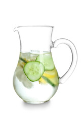 Jug of lemonade with cucumber on white background