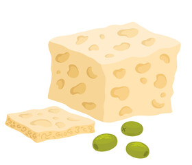 Soft cheese. Feta soft cheese with olives. Delicious food of soy milk. Greek brined card white peace made from ships milk. Vegetarian product. Vector Hand draw Illustration isolated