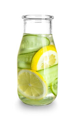 Bottle of lemonade with cucumber on white background