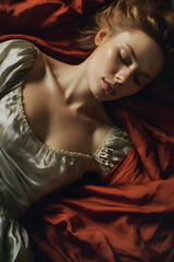 Naklejka premium Still photography birds eye view daylight studio of Caucasian blond woman closing eyes in gothic inner silk dress laying on red fabric, concept of evocative minimalism