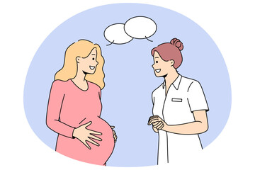 Gynecologist consult pregnant woman at hospital. Caring doctor or nurse talking with future mother. Pregnancy and maternity healthcare. Vector illustration.