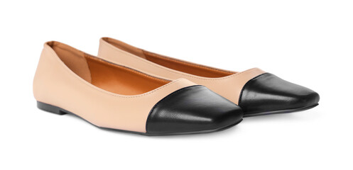 Fototapeta premium Pair of new stylish square toe ballet flats on white background