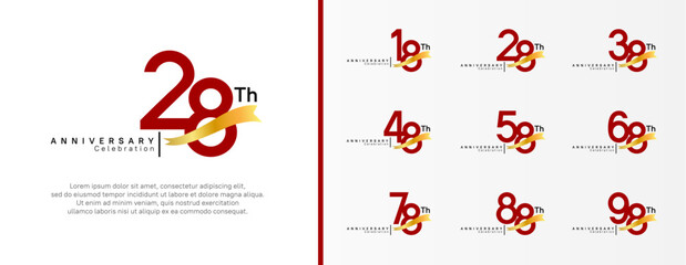 set of anniversary logo flat red color number and golden ribbon on white background for celebration