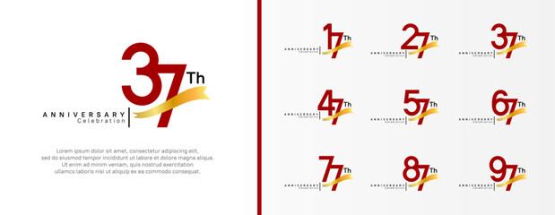 set of anniversary logo flat red color number and golden ribbon on white background for celebration