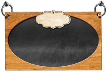 Old empty blackboard with wooden rectangular and oval frame (ellipse shape) and blank label. Steel rings for hanging. Isolated on white or transparent background and copy space, template. Png.