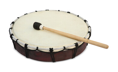 Modern drum with drumstick isolated on white