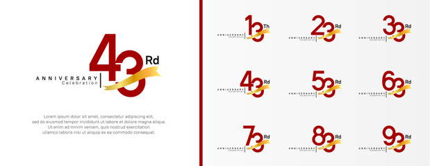 set of anniversary logo flat red color number and golden ribbon on white background for celebration