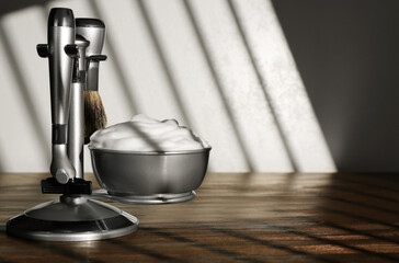 Set of men's shaving tools on wooden table, space for text