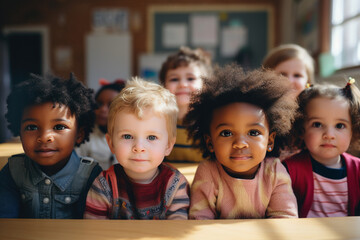 Multiracial group of happy toddlers sitting in the classroom of the nursery looking at the camera