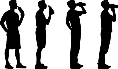 man standing drinking water from bottle silhouettes