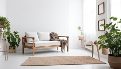 Armchair on rug next to bench with plants in white loft interior with wooden sofa. Real photo, Generative ai