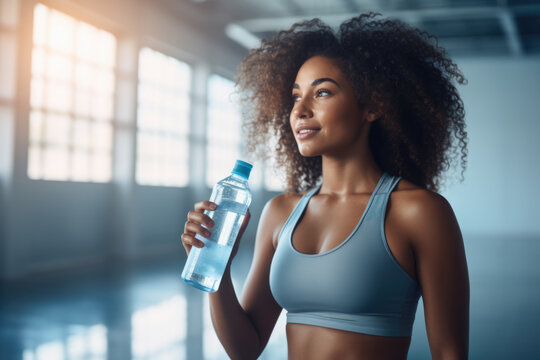 Fit woman drinking water from the bottle in the gym

