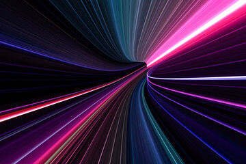 3d illustration of light tunnel made of vibrant neon lines. 3d rendering of bright light trails, perspective view. 