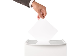 Man putting his vote into ballot box on white background, closeup