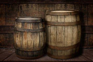 Wooden barrels on brown shelf near textured wall